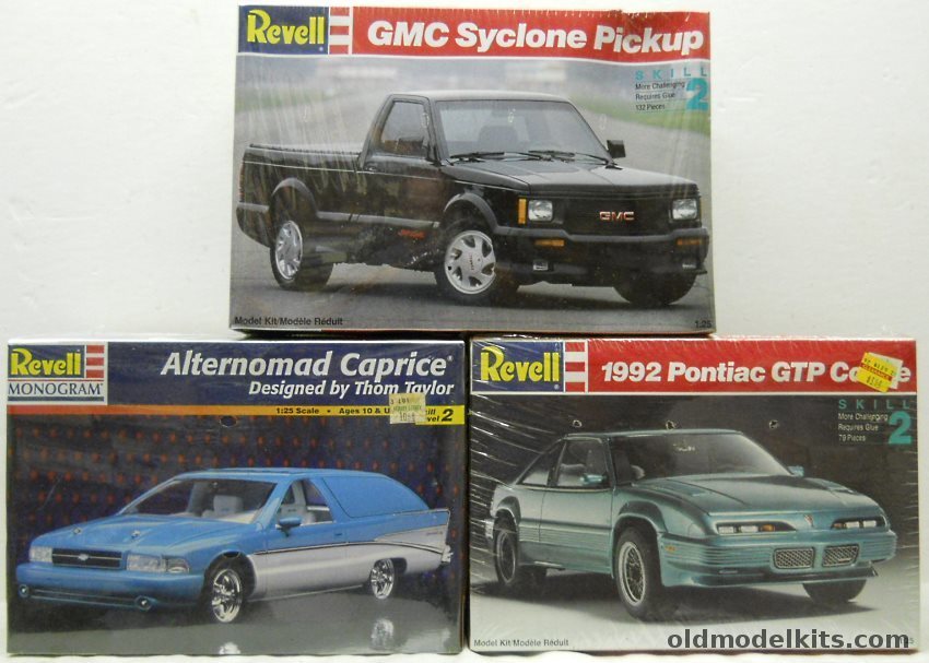 Revell 1/25 7494 1992 Pontiac GTP Coupe / 7435 GMC Syclone Pickup Truck / 85-7640 Alternomad Caprice by Thom Taylor plastic model kit